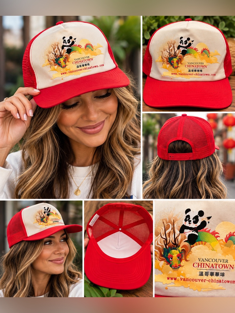 Vancouver Chinatown Panda Dragon Red Snapback Trucker Hat